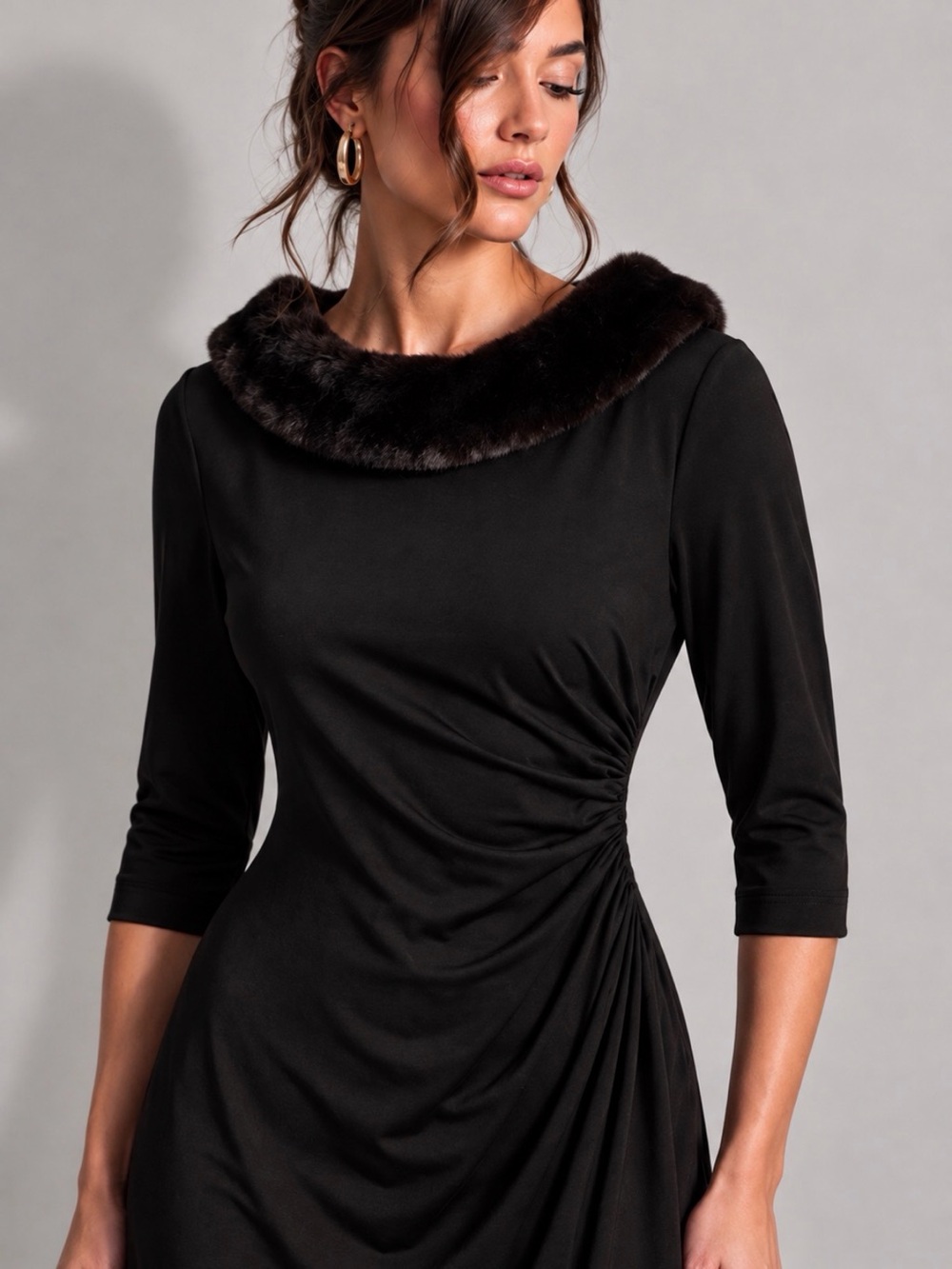 Ralph Lauren Black Faux Fur Portrait Collar Ruched Dress Size 4